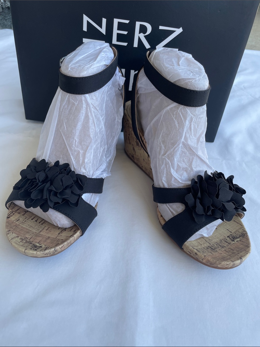 Naturalizer Black Floral Cork Wedge Sandals - Women's
